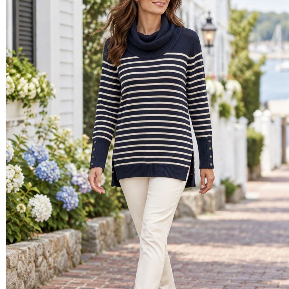 Lauren Ralph Lauren Navy Ivory Striped Cowl Neck Sweater M Silk Blend Preppy Top